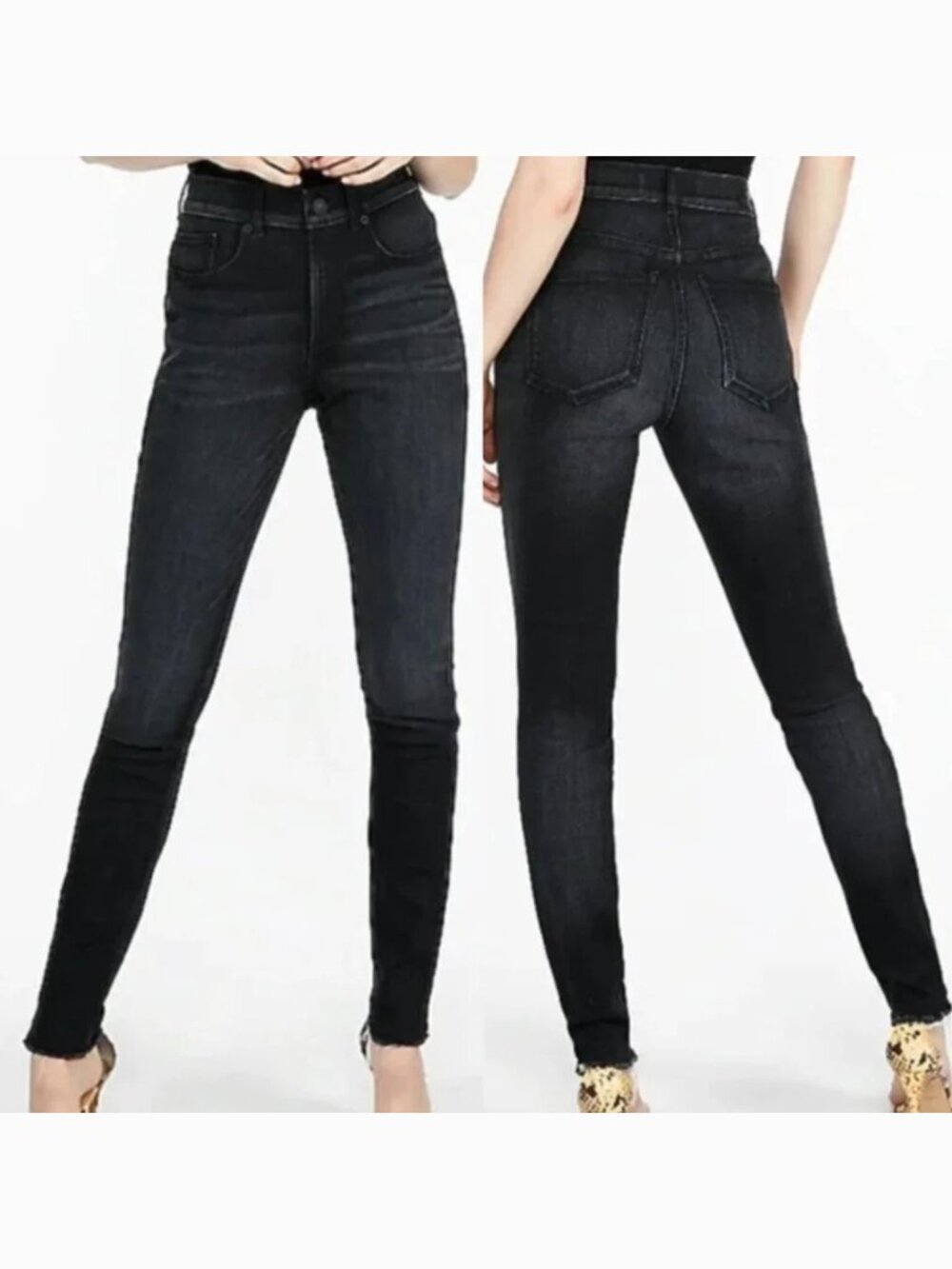 EXPRESS Stretch+ Denim Perfect High Rise Legging Black High Waisted Raw Hem 0